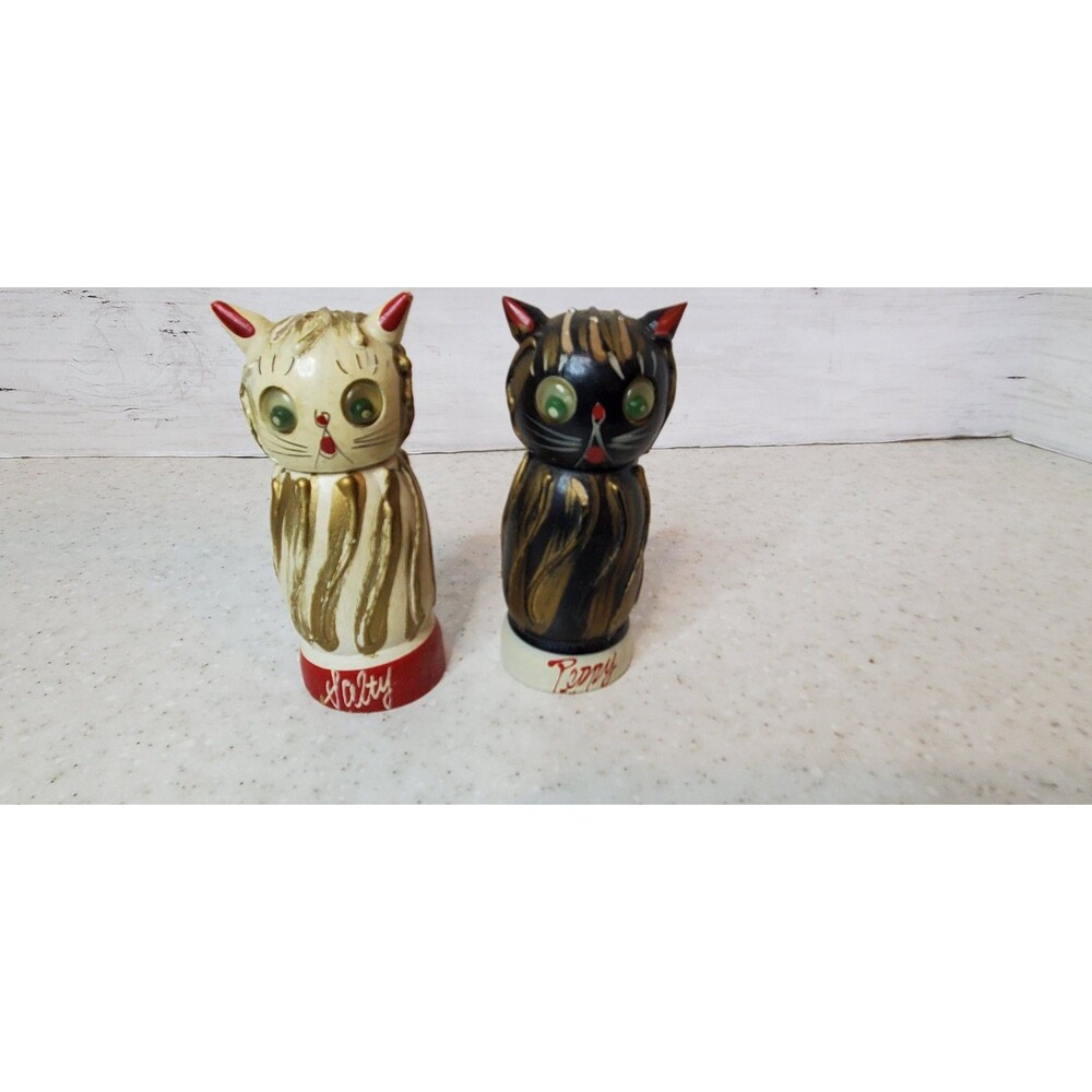 Vintage Anthropomorphic Cat Salt Pepper Shakers MCM Mid Century Salty Peppy